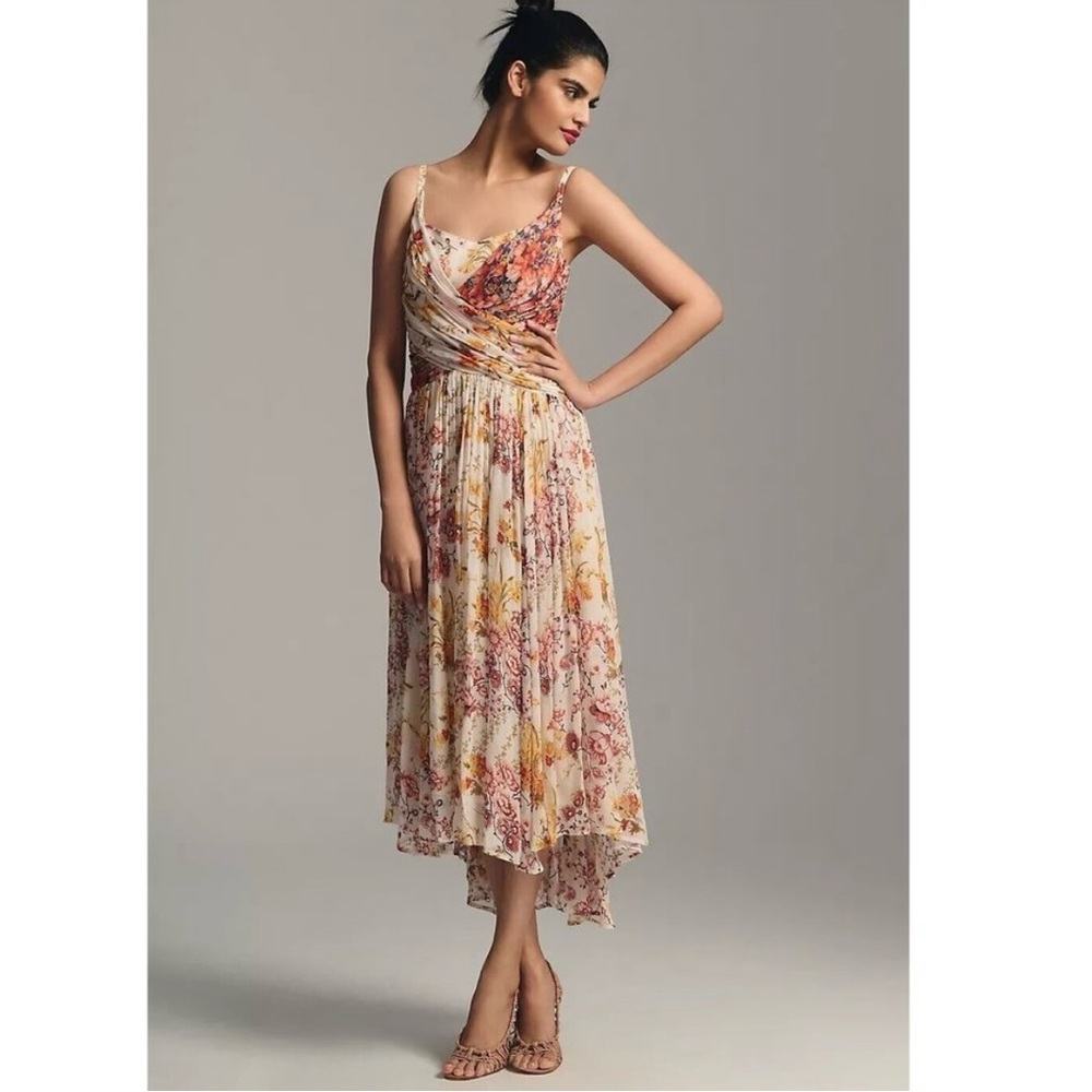 NWT ANTHROPOLOGIE Floral Ruched Square-Neck Dress
